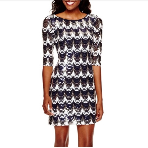 Crystal Doll Sequin Mini Dress Navy White Silver XS - Picture 1 of 6